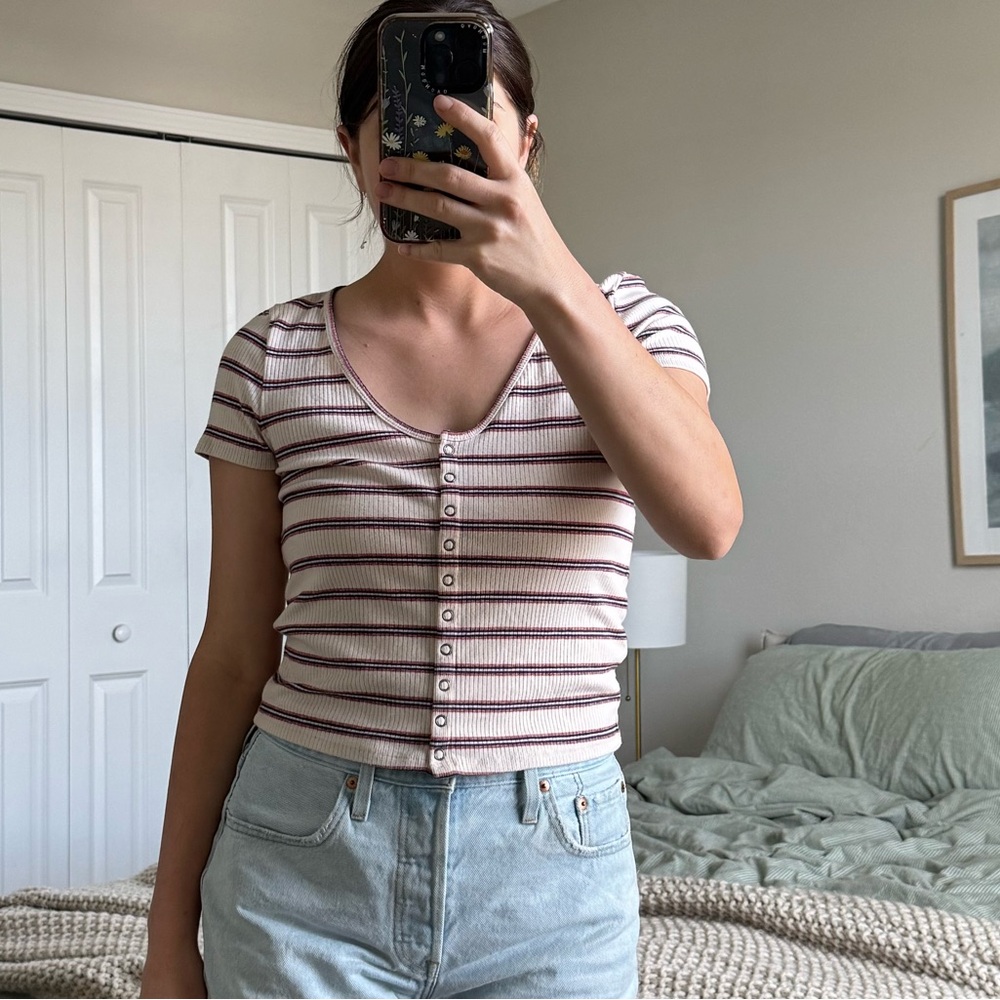 Striped V-Neck Button-Up Top